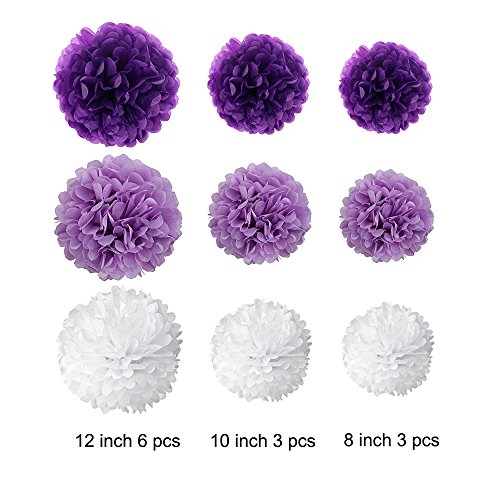 Wartoon Papel Pom Poms Flores Tissue para Decoración de Boda, Fiesta Cumpleaños, Bienvenida al Bebé, 12 Piezas ( Púrpura, Púrpura Clara y Blanco )