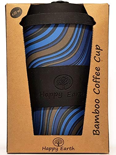 WAVESTRIPE por Happy Earth (Taza de café ecológica reutilizable 450 ml, hecha con fibra de bambú natural orgánica, se puede utilizar como taza de viaje o taza de café casera)