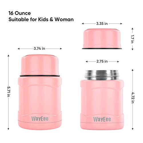 WayEee Termo para Sólido y Líquido Frasco Térmico de Acero Inoxidable con Cuchara Taza Aislada para Comida Bebida Termo Comida Cafe Pures Regalo para Mayores Adultos Niños (Rosa 450ml)