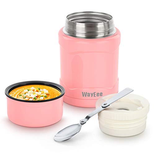 WayEee Termo para Sólido y Líquido Frasco Térmico de Acero Inoxidable con Cuchara Taza Aislada para Comida Bebida Termo Comida Cafe Pures Regalo para Mayores Adultos Niños (Rosa 450ml)