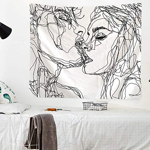 WAZA Tapiz de Besos de Pareja Diseño de Línea en Blanco y Negro Colgante de Pared Moderno Tapices de Pared Decoración para Sala de Estar Mesa Sofá Hogar Dormitorio (200X150CM)