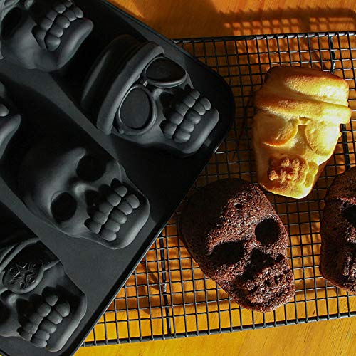 webake Halloween - Molde de silicona para repostería, diseño de calavera, 6 unidades, color negro