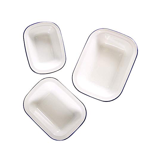 Webake - Recipientes esmaltados para tartas, 3 unidades, bandejas rectangulares, de cerámica, color blanco sólido con borde azul