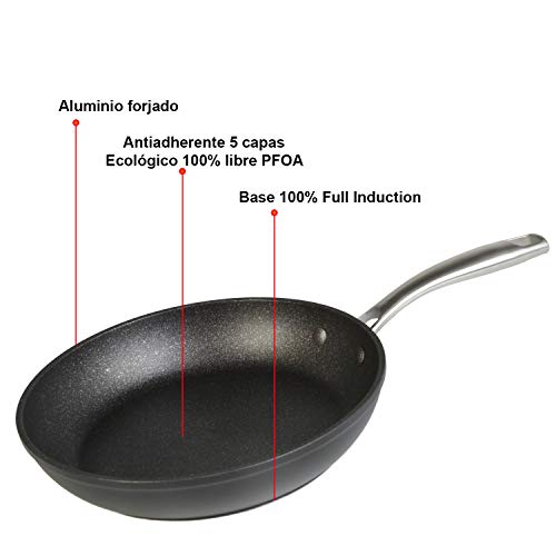 WECOOK 10430 Ecochef Titanio Sartén Aluminio Forjado 30 cm, inducción, 5 Capas Antiadherente sin PFOA, 4mm Espesor, Apta Todas Las cocinas, vitroceramica, Gas, lavavajillas, Negro, 30cm