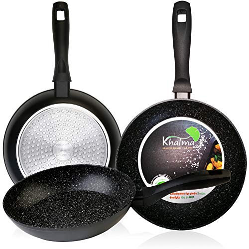 WECOOK Khalma Set Juego 3 Sartenes inducción 18-22-24cm Honda Aluminio, Antiadherente Piedra ecológico sin PFOA, Apta Todas Las cocinas, vitroceramica, Gas, lavavajillas