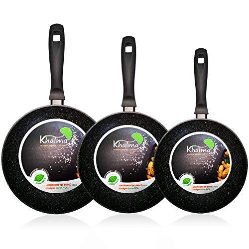 WECOOK Khalma Set Juego 3 Sartenes inducción 18-22-24cm Honda Aluminio, Antiadherente Piedra ecológico sin PFOA, Apta Todas Las cocinas, vitroceramica, Gas, lavavajillas