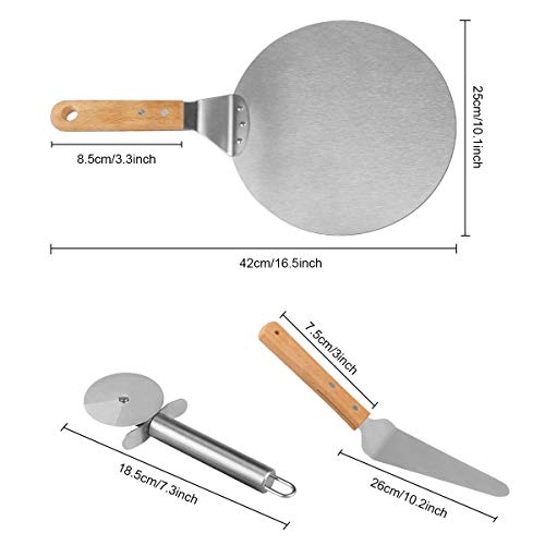 Weeygo - Pala de Acero Inoxidable con Mango de Madera para Hornear Pizza y Tartas en Horno y Parrilla, Cortador, 3 Piezas, Color Plateado