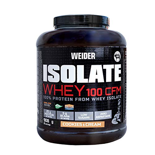 Weider Isolate Whey 100CFM 908gr Sabor Cookies. 100% aislado de proteina de suero. Cero azúcar, cero aspartamo, con stevia, con dygezime, con BCAA, apto para veganos. Isolac. Para dietas keto.