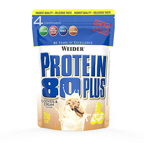 Weider Protein 80 Plus, Proteina de suero de suero  de leche, Sabor Cookies & Cream, 2000 gr