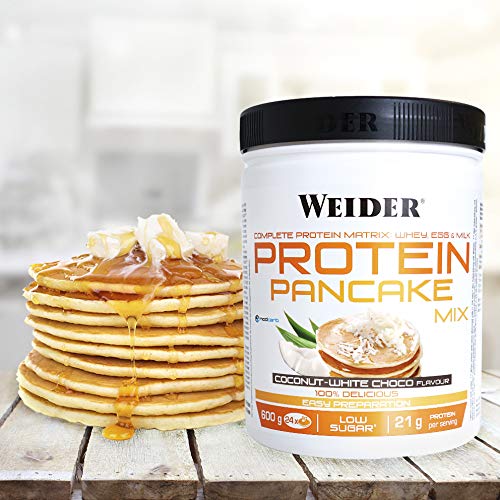 Weider Protein Pancake Mix Vainilla. Tortitas de harina de avena integral, enriquecidas con proteinas. Sabor Coco-Chocolate Blanco - 600 gr