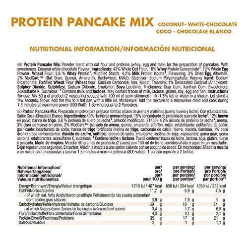 Weider Protein Pancake Mix Vainilla. Tortitas de harina de avena integral, enriquecidas con proteinas. Sabor Coco-Chocolate Blanco - 600 gr