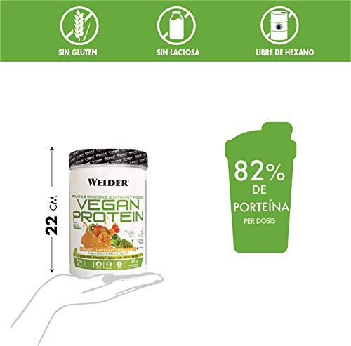 Weider Vegan Protein. Sabor Mango-Matcha. Proteína 100% vegetal de guisantes (PISANE) y arroz. Sin gluten. Sin lactosa. Sin aceite de palma (750 g)