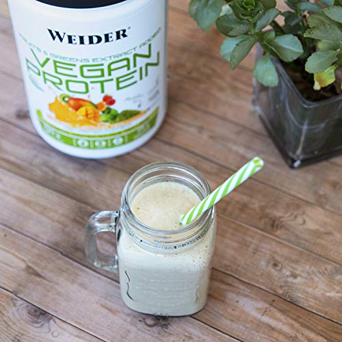 Weider Vegan Protein. Sabor Mango-Matcha. Proteína 100% vegetal de guisantes (PISANE) y arroz. Sin gluten. Sin lactosa. Sin aceite de palma (750 g)