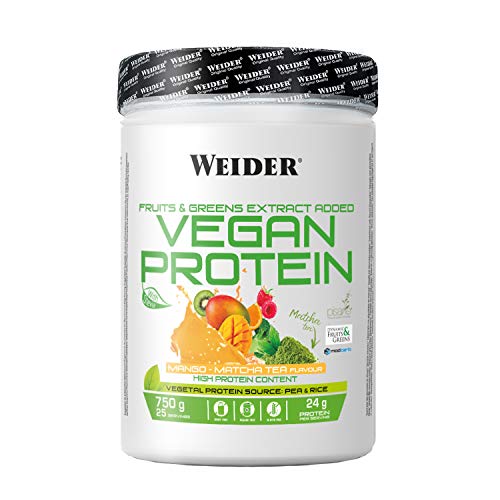 Weider Vegan Protein. Sabor Mango-Matcha. Proteína 100% vegetal de guisantes (PISANE) y arroz. Sin gluten. Sin lactosa. Sin aceite de palma (750 g)