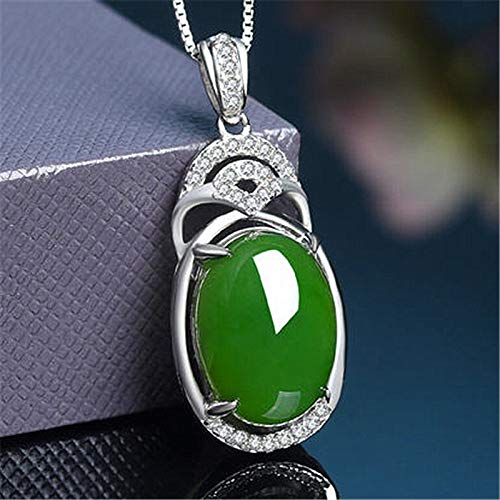 WEIKAI Collar De Cadena 925 Chapado En Plata Hetian Jaspe Espinaca Verde Jade Colgante Forma De Gota Encanto De Liberación Colgante De Calcedonia Verde