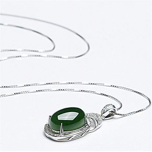 WEIKAI Collar De Cadena 925 Chapado En Plata Hetian Jaspe Espinaca Verde Jade Colgante Forma De Gota Encanto De Liberación Colgante De Calcedonia Verde