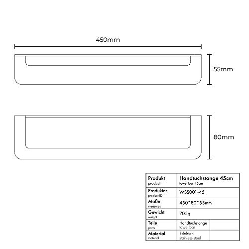 WEISSENSTEIN Toallero de barra 45 cm | Toallero negro | Porta Toallas de Pared | Toallero sin Taladro | Toallero lavabo Acero Inoxidable