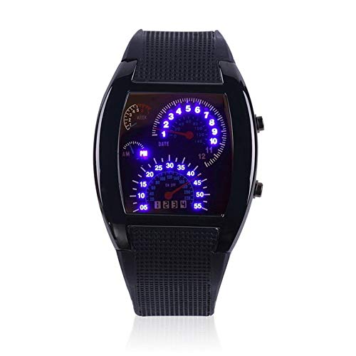 WEIWEITOE-ES Mens Sports RPM Aviation Turbo Blue Flash LED Sports Car Meter Dial Flash LED Reloj de Pulsera Sports Car Meter Gift, Negro,