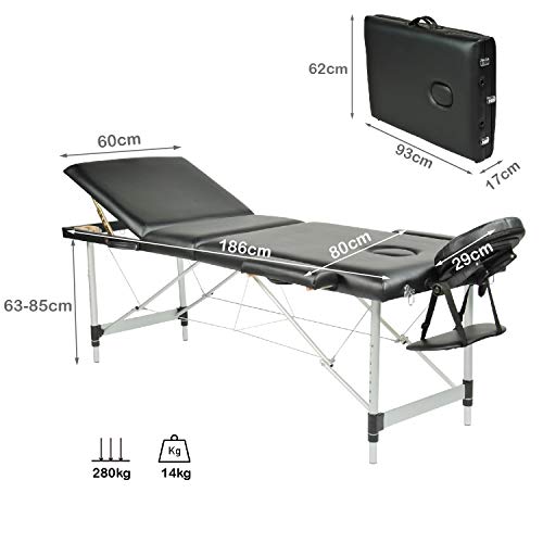 Wellhome Mesa de Masaje de 3 Secciones Aluminio Camilla Cama Portatil Plegable Ligera Camillas Masajes de Profesional Altura Ajustable con Reposacabezas, Apoyabrazos, Bolsa de transporte (Negro)