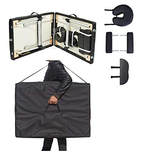 Wellhome Mesa de Masaje de 3 Secciones Aluminio Camilla Cama Portatil Plegable Ligera Camillas Masajes de Profesional Altura Ajustable con Reposacabezas, Apoyabrazos, Bolsa de transporte (Negro)