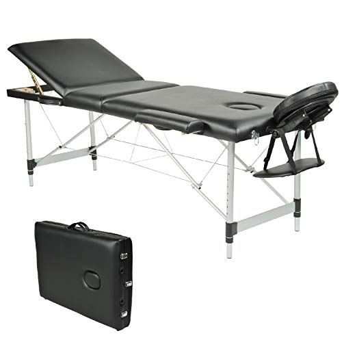 Wellhome Mesa de Masaje de 3 Secciones Aluminio Camilla Cama Portatil Plegable Ligera Camillas Masajes de Profesional Altura Ajustable con Reposacabezas, Apoyabrazos, Bolsa de transporte (Negro)