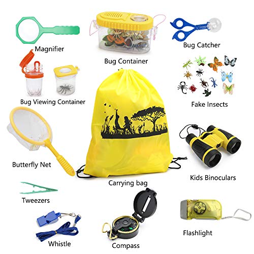 welltop Kit de Aventura para niños, Kit de exploración al Aire Libre de 25 Piezas Brújula de Camping Linterna Lupa Lupa Niños Binoculares Insecto de Insectos Juego de Herramientas de Captura Juguetes