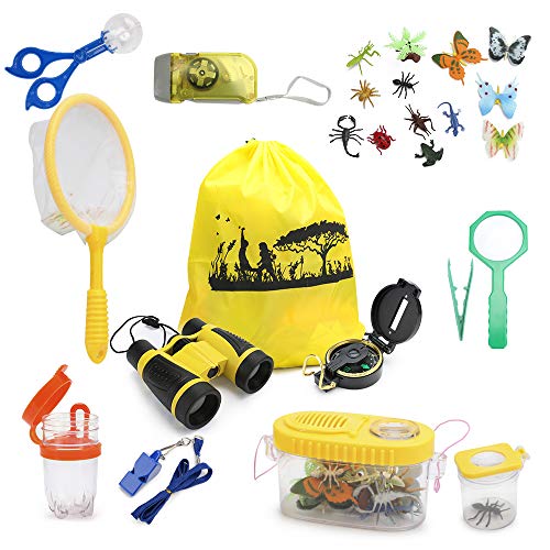 welltop Kit de Aventura para niños, Kit de exploración al Aire Libre de 25 Piezas Brújula de Camping Linterna Lupa Lupa Niños Binoculares Insecto de Insectos Juego de Herramientas de Captura Juguetes