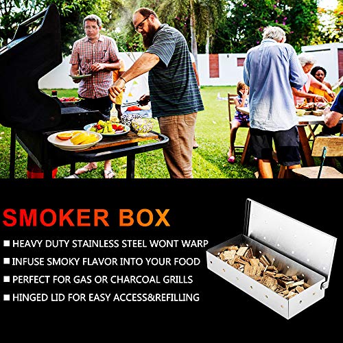 WELLXUNK Acero Inoxidable Ahumador,ahumador Barbacoa Gas, Caja de Ahumador de Barbacoa,Accesorios de Barbacoa,para Parrilla de Gas, Hogar, Jardín, Exterior, Plata