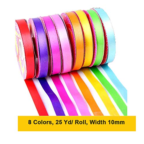 WELLXUNK Cinta de Raso, Colores Mezcla Rollo de Raso de Doble Cara Satén de Seda para Embalaje Decoración de Regalo Cajas Flores Boda Navidad (8 Colores-10mm*200m)