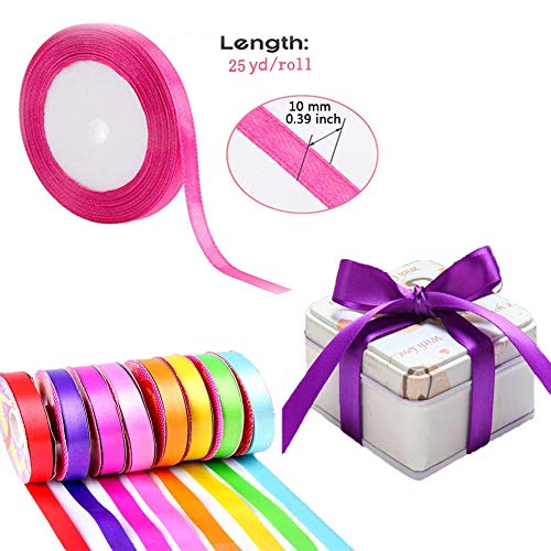 WELLXUNK Cinta de Raso, Colores Mezcla Rollo de Raso de Doble Cara Satén de Seda para Embalaje Decoración de Regalo Cajas Flores Boda Navidad (8 Colores-10mm*200m)