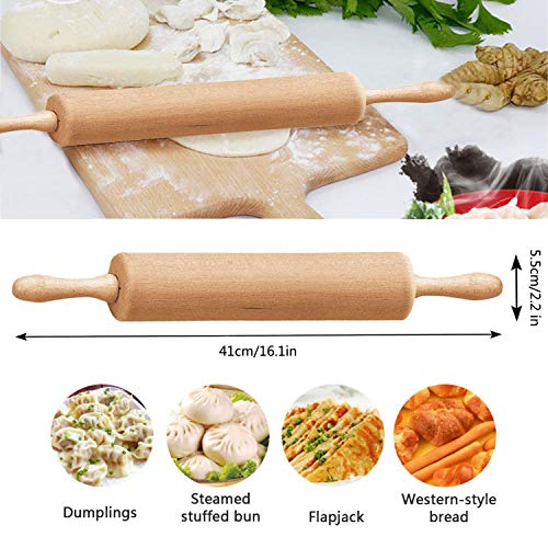 WELLXUNK Rodillo amasar de Madera de Haya Maciza, Antiadherente con Asas de Madera para Pasta, Pastelería, Fondant, Tarta Corteza, Pizza, Pasteles de Masa, etc