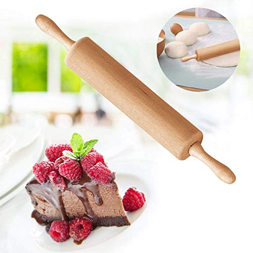 WELLXUNK Rodillo amasar de Madera de Haya Maciza, Antiadherente con Asas de Madera para Pasta, Pastelería, Fondant, Tarta Corteza, Pizza, Pasteles de Masa, etc