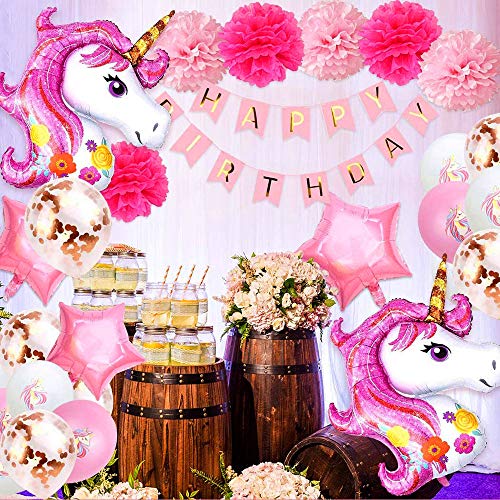 WELLXUNK® Unicornio Decoraciones de Fiesta, Fiesta en Globo Decoración, globos de látex con Globo De Aluminio, Confeti en Globo, Decoraciones fiesta Cumpleaños (32 piezas)