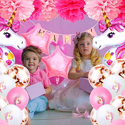 WELLXUNK® Unicornio Decoraciones de Fiesta, Fiesta en Globo Decoración, globos de látex con Globo De Aluminio, Confeti en Globo, Decoraciones fiesta Cumpleaños (32 piezas)