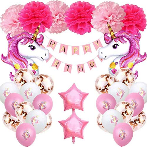 WELLXUNK® Unicornio Decoraciones de Fiesta, Fiesta en Globo Decoración, globos de látex con Globo De Aluminio, Confeti en Globo, Decoraciones fiesta Cumpleaños (32 piezas)