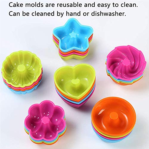 WENTS Molde de Silicona 24 Pieza Moldes para Pastelitos Silicona Antiadherente Forma de Postre, Vasos pequeños Molde para Calabaza, Estrella, Flor, corazón, savarin Formas Formas para Mini Cakes