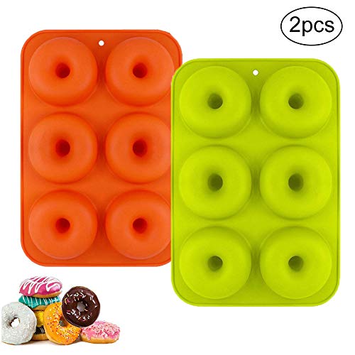 WENTS Molde para Donut de Silicona 2Pieza Antiadherente Molde de Silicona para Hornear Donut para Pasteles Galletas Bagels Magdalenas Lavavajillas Horno Microondas Congelador(Naranja/Verde)