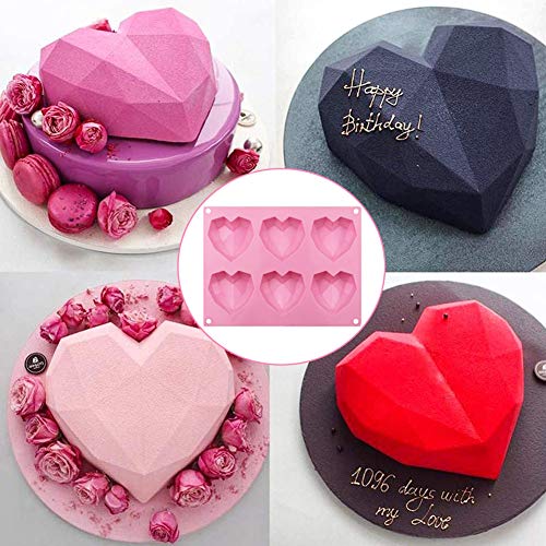 WENTS moldes de chocolate, forma de corazón, 6 rejillas, silicona, 3D, diamante, moldes de dulce, para decorar tartas, hornear, hacer dulces, chocolate, cupcake, 2 unidades