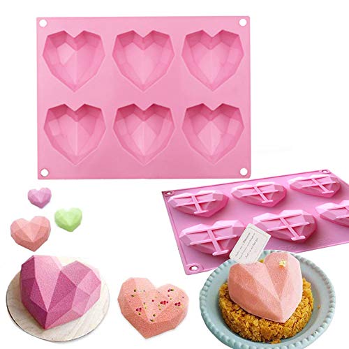 WENTS moldes de chocolate, forma de corazón, 6 rejillas, silicona, 3D, diamante, moldes de dulce, para decorar tartas, hornear, hacer dulces, chocolate, cupcake, 2 unidades