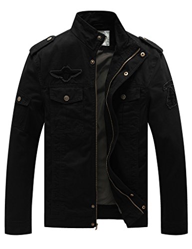 WenVen Chaqueta Algodón Militar Aviador Negro para Hombre Small