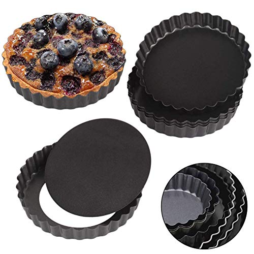 Wenxiaw Sartenes Quiche Fondo Extraíble Juego de Mini Sartenes para Tarta Molde de Tartaleta Antiadherente para Tarta de Chocolate, Mini Tarta, Horneado en Casa, 10 cm, 6 Piezas (Negro)