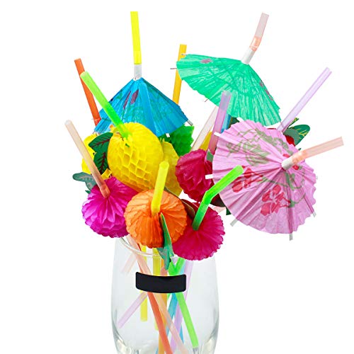 WEONE 200 Piezas Pajitas de plástico, Pajitas de Coctel Desechables Paraguas Fruta Pajitas para Bebidas sin BPA para Hawaiano Boda Bar Cumpleaños Fiesta, 24cm Multicolor