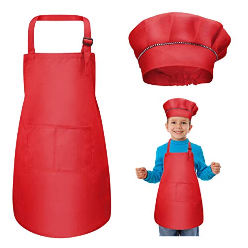 WEONE Niños Delantal y Gorro de Cocinero, Ajustable Delantal Infantil con 2 Bolsillos para Niños Niñas, Niñito Delantales de Cocina de Chef para Cocinar Hornear Pintar Artesanía (7-13 Años) (Rojo)