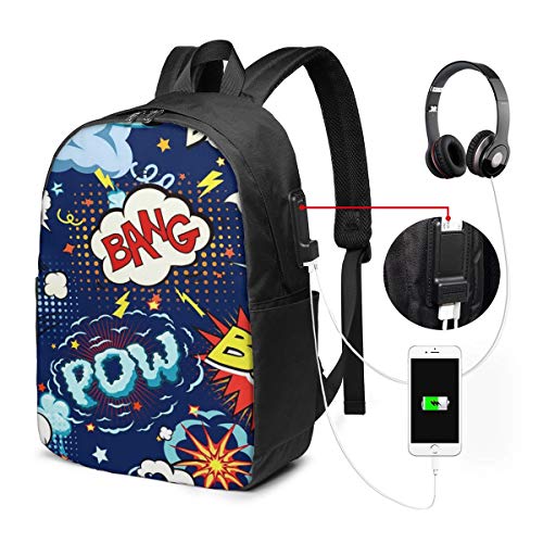 WEQDUJG Mochila Portatil 17 Pulgadas Mochila Hombre Mujer con Puerto USB, Bocadillo de diálogo de cómic Mochila para El Laptop para Ordenador del Trabajo Viaje