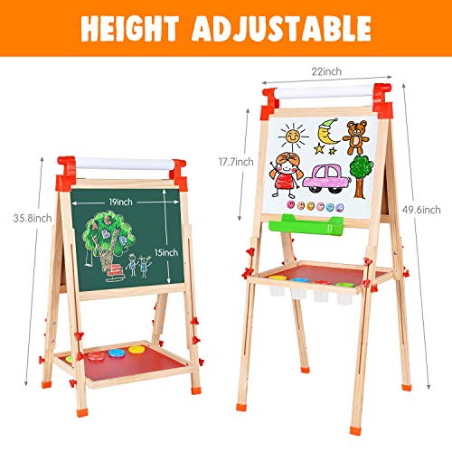 Wesimplelife 3en1 Madera Caballete de para Niños Pizarra Magnetica Infantil Altura Ajustable con Rollo de Papel y Delantal Tablero de Dibujo por 4 5 6 7 8 9 años