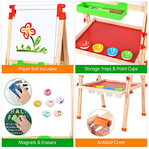 Wesimplelife 3en1 Madera Caballete de para Niños Pizarra Magnetica Infantil Altura Ajustable con Rollo de Papel y Delantal Tablero de Dibujo por 4 5 6 7 8 9 años