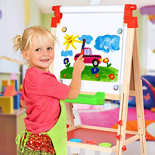 Wesimplelife 3en1 Madera Caballete de para Niños Pizarra Magnetica Infantil Altura Ajustable con Rollo de Papel y Delantal Tablero de Dibujo por 4 5 6 7 8 9 años