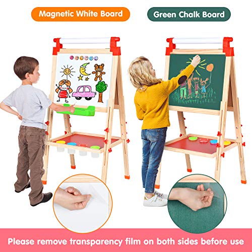 Wesimplelife 3en1 Madera Caballete de para Niños Pizarra Magnetica Infantil Altura Ajustable con Rollo de Papel y Delantal Tablero de Dibujo por 4 5 6 7 8 9 años