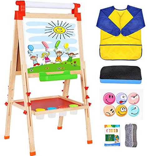 Wesimplelife 3en1 Madera Caballete de para Niños Pizarra Magnetica Infantil Altura Ajustable con Rollo de Papel y Delantal Tablero de Dibujo por 4 5 6 7 8 9 años