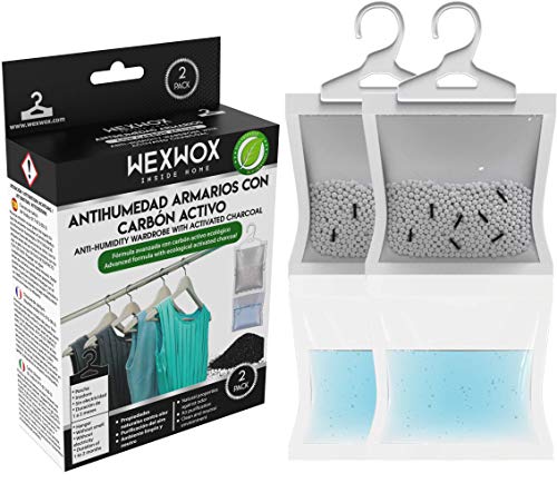 Wexwox Nueva Formula Exclusiva con Carbón Activo (440g) Percha Antihumedad y Purificador de Aire para Armario, trastero, Absorbe la Humedad evitando Moho, hasta 60 Días